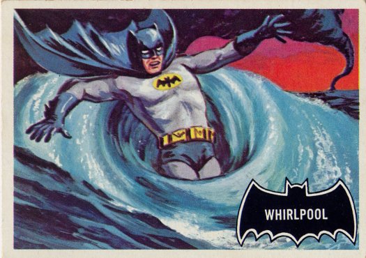 Scan of the front of a Batman trading card depicting Batman caught in a whirlpool.