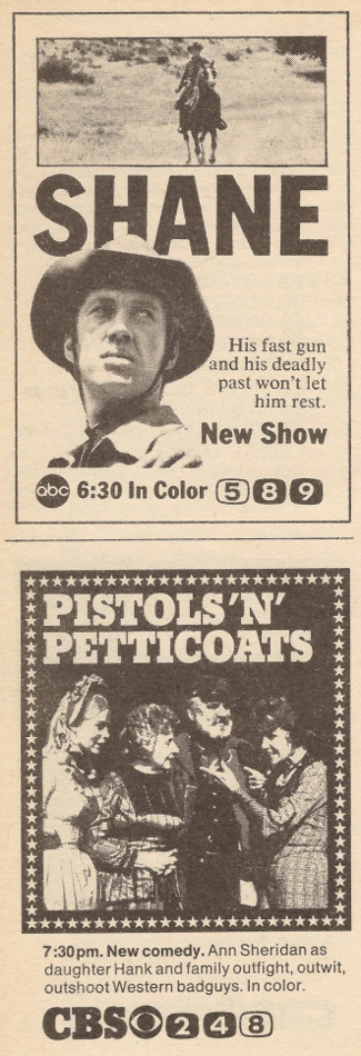 Scanned black and white TV Guide ad for Shane and Pistols n Petticoats 