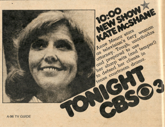 Scanned black and white TV Guide ad for Kate McShane