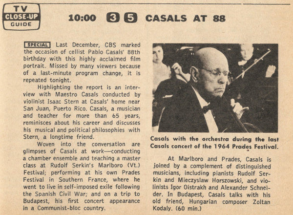 Scanned black and white TV Guide Close-Up for Casals at 88 on CBS