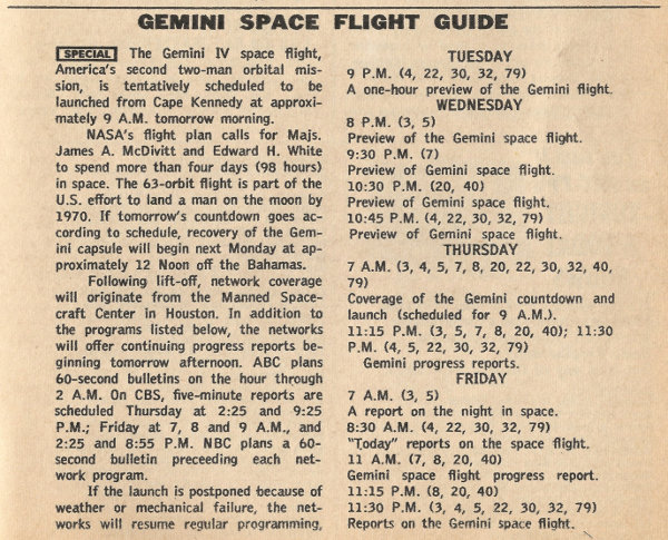 Scanned black and white TV Guide Close-Up for the Gemini 4 space flight