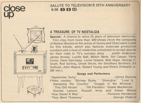 Scanned black and white TV Guide Close-Up for Salute to Television’s 25th Anniversary