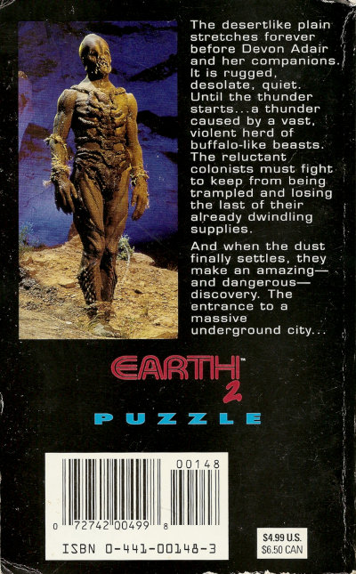 Scan of the back cover of the paperback novel Earth 2 Puzzle by Sean Dalton