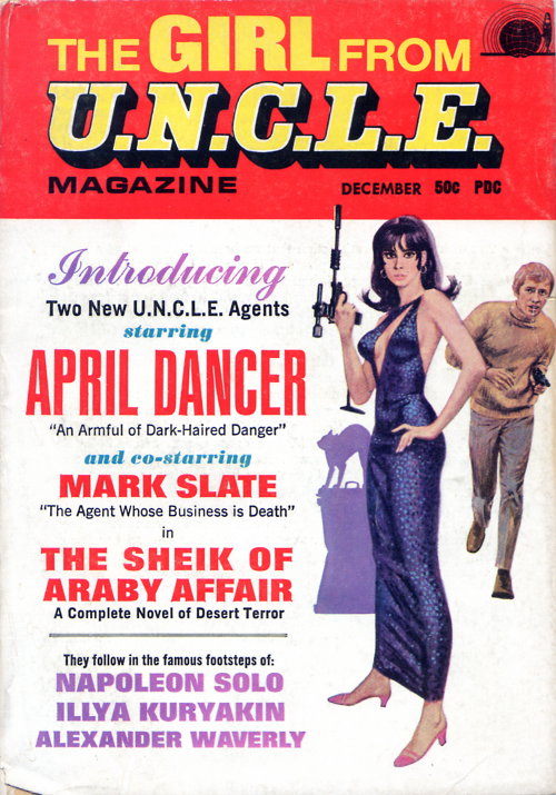 Cover to the first issue of The Girl from UNCLE magazine, featuring a drawing of April Dancer and Mark Slate