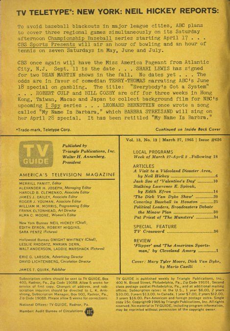 TV Guide TV Teletype, March 27th, 1965 Edition