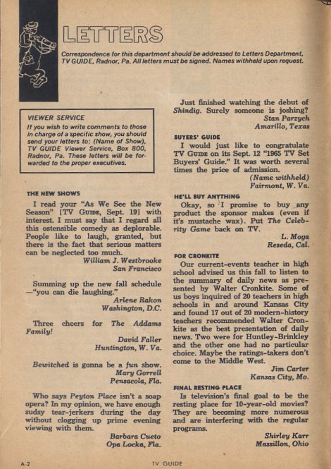 TV Guide Letters Page, October 3rd, 1964 Edition