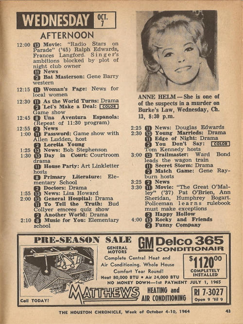 Page 43, The Houston Chronicle's TV Magazine (October 4th, 1964)