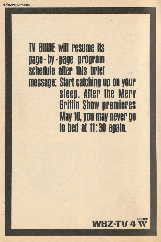 Advertisement for The Merv Griffin Show on WBZ-TV (Channel 4)