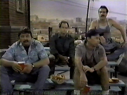 Image from The Building featuring Mike Hagerty as Finley, Tom Virtue as Stan, Don Lake as Brad, and Richard Kuhlman as Big Tony.
