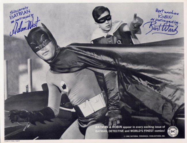 Black and white picture of Adam West and Burt Ward as Batman with pre-printed autographs.