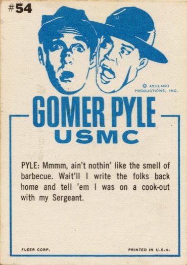 Scan of the back of a Gomer Pyle USMC trading card from 1965.