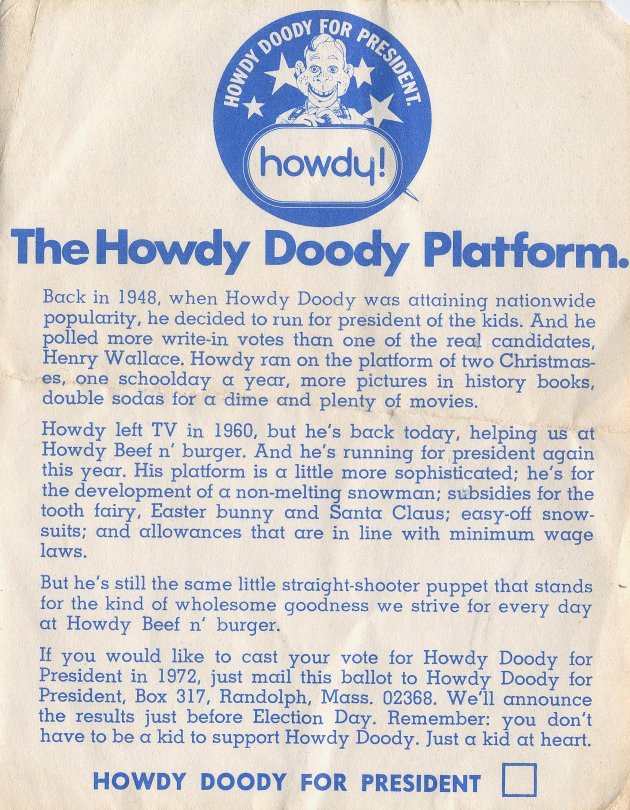 Scan of a pamphlet explaining Howdy Doody's 1972 President of All Kids campaign.