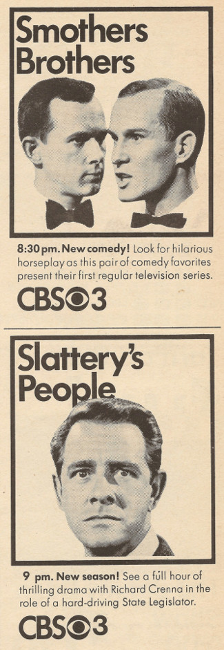 Scanned black and white TV Guide ad for The Smothers Brothers Show and Slattery's People