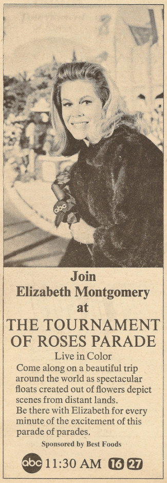 Scanned black and white TV Guide ad for the 1967 Tournament of Roses on ABC