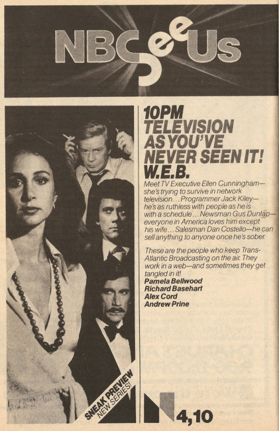 Scanned black and white TV Guide ad for W.E.B.