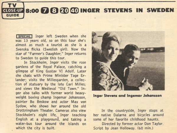 Scanned black and white TV Guide Close-Up for Inger Stevens in Sweden on ABC