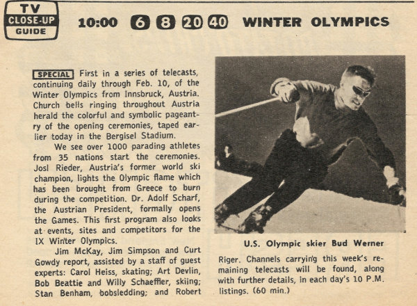 Scanned black and white TV Guide ad for the 1964 Winter Olympics on ABC