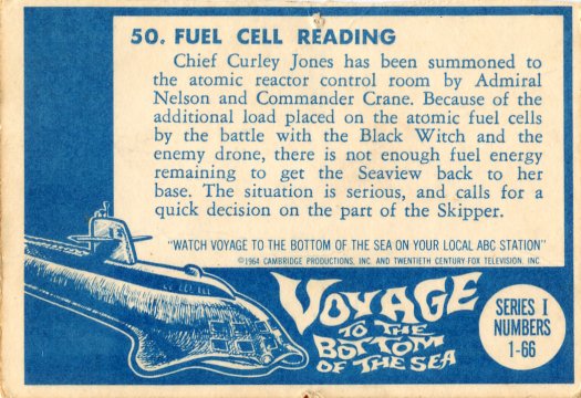 Scan of the back of a Voyage to the Bottom of the Sea trading card.