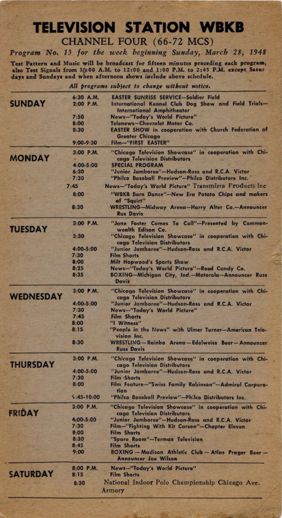 Image of a 1948 WBKB schedule card showing TV listings