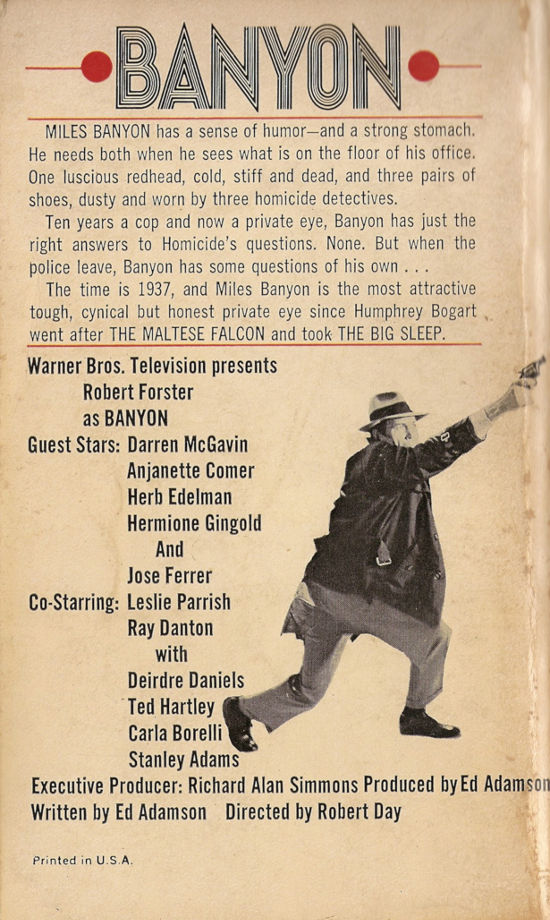 Scan of the back cover of the paperback novel Banyon, with a summary, cast list, and black and white picture of Robert Forster as Miles Banyon.