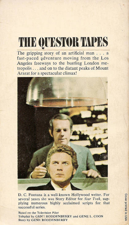 Back cover to The Questor Tapes, written by D.C. Fontana