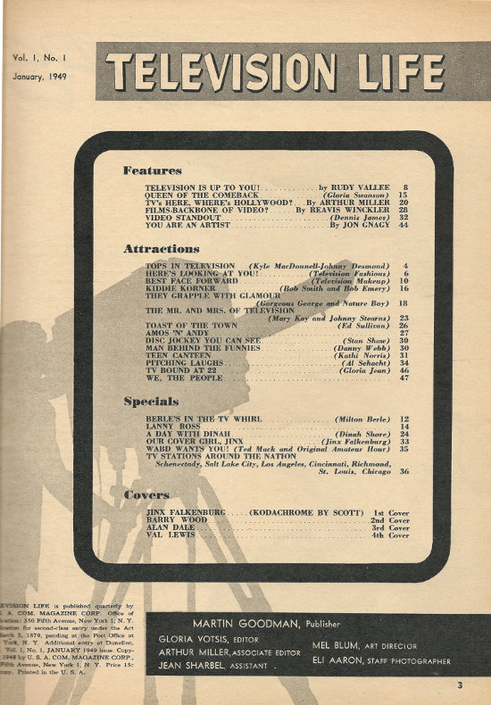 Scan of the table of Contents from Television Life Magazine Volume 1, Number 1