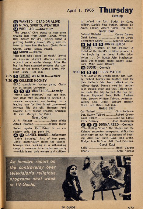 TV Guide Page A-73, March 27th, 1965 Edition