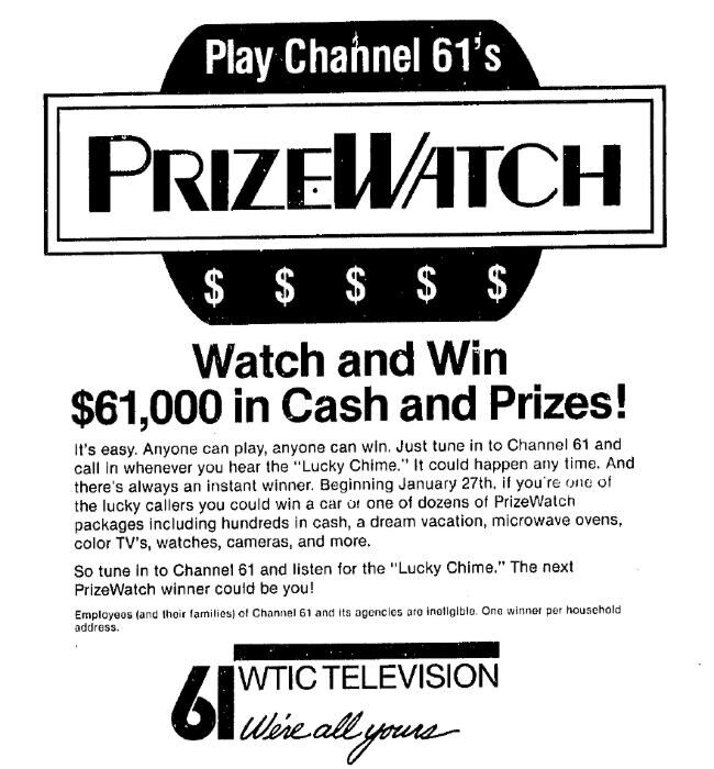 Advertisement for WTIC-TV's PrizeWatch Contest