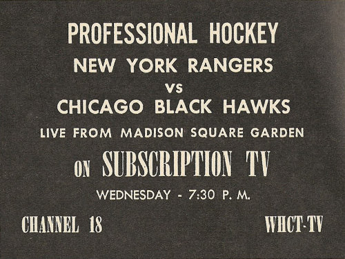 Advertisement for Professional Hockey on WHCT-TV (Channel 18)
