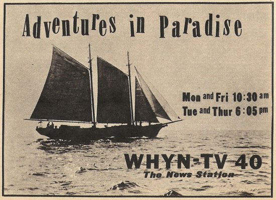 Advertisement for Adventures in Paradise on WHYN-TV (Channel 40)