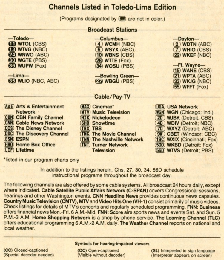 Scan of the Channel Directory for the Toledo-Lima Edition of TV Guide magazine.