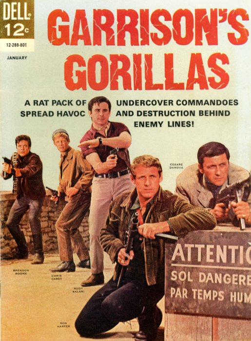Scan of the front cover to the first issue of Dell's Garrison's Gorillas comic book, published in January 1968.
