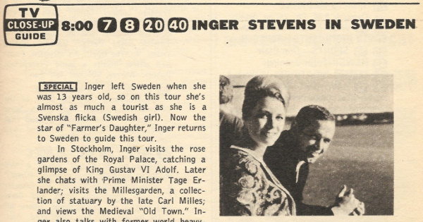 Parrtial scan of a TV Guide Close-Up for Inger Stevens in Sweden.