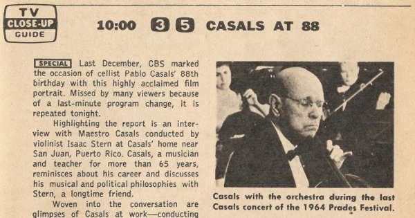 Partial scan of a TV Guide Close-Up for Casals at 88.