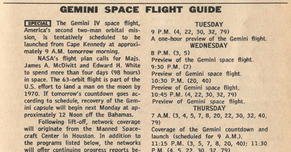 Partial scan of a TV Guide Close-Up for the Gemini 4 Space Flight.