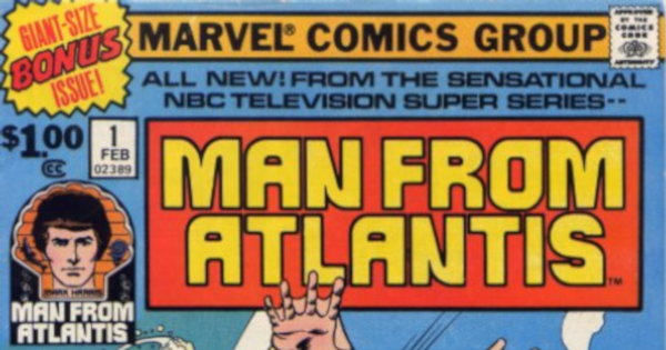 Partial scan from the front cover to the first issue of the Man from Atlantis comic book.