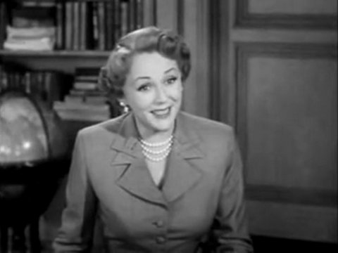 Black and white still from an episode of The Halls of Ivy Showing Benita Hume as Victoria Hall
