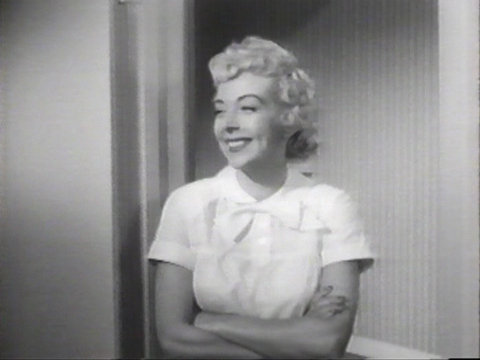Black and white image from the 1957 TV version of Blondie, featuring Pamela Britton as Blondie