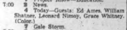 Scan of TV listings from the Long Island Star Journal with a reference to Star Trek on the Today Show.
