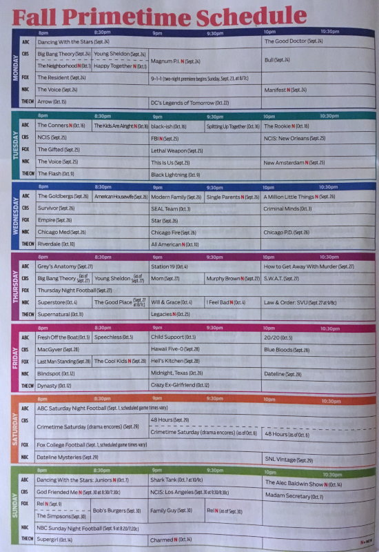 Scan of the Fall 2018 grid from TV Guide.