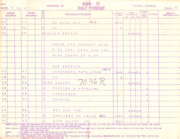 Scan of a daily program log for WIBW-TV in Topeka, Kansas.