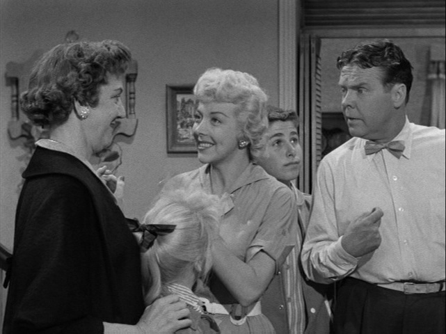 Still from Blondie (1957) showing Cora Dithers, Blondie, Alexander, and Dagwood.