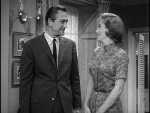 Black-and-white still from an episode of Karen featuring Richard Denning and Mary LaRoche