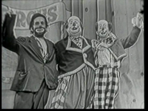 Black and white still from an episode of Super Circus showing Nicky, Cliffy, and Scampy. 