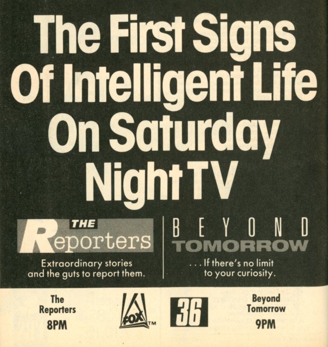 Scan of a TV Guide ad for The Reporters and Beyond Tomorrow on FOX