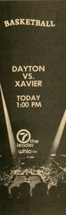 Scan of a TV Guide ad for Basketball (Dayton vs. Xavier) on WHIO-TV