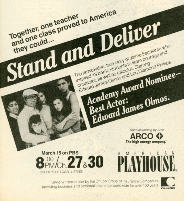 Scan of a TV Guide Ad for American Playhouse: Stand and Deliver on PBS