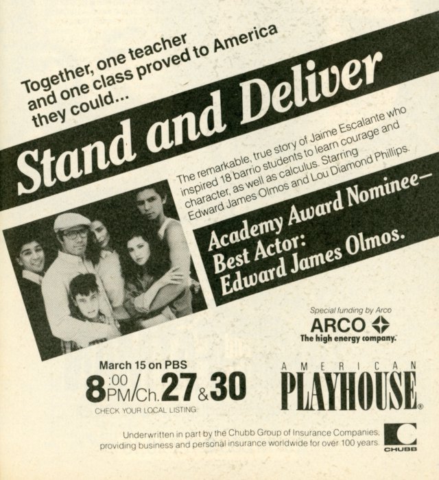TV Guide Ad for American Playhouse: Stand and Deliver on PBS Scan of a TV Guide Ad for American Playhouse: Stand and Deliver on PBS