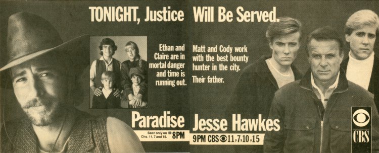 Scan of a TV Guide Ad for Paradise and Jesse Hawks on CBS