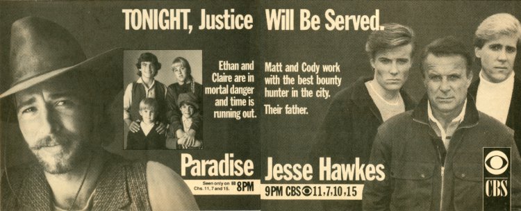 TV Guide Ad for Paradise and Jesse Hawks on CBS Scan of a TV Guide Ad for Paradise and Jesse Hawks on CBS